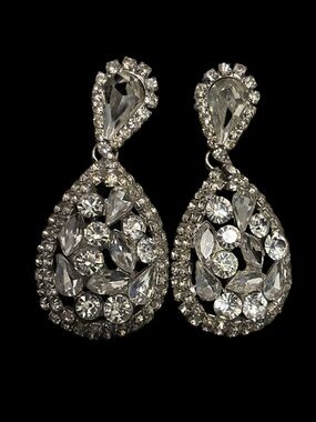 Crystal Teardrop Dangle Earrings - Silver Tone